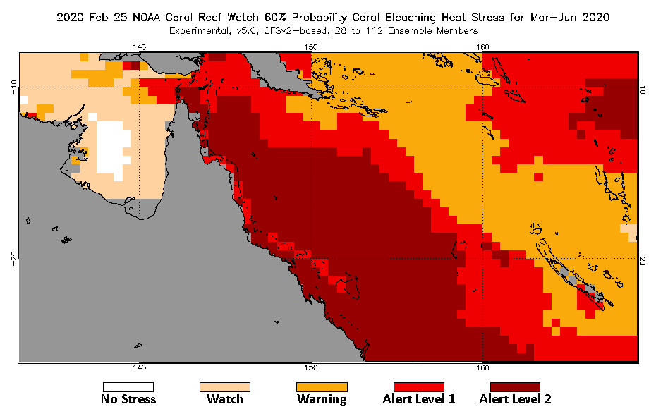 A graphic of the Four-Month Coral Bleaching Heat Stress Outlook