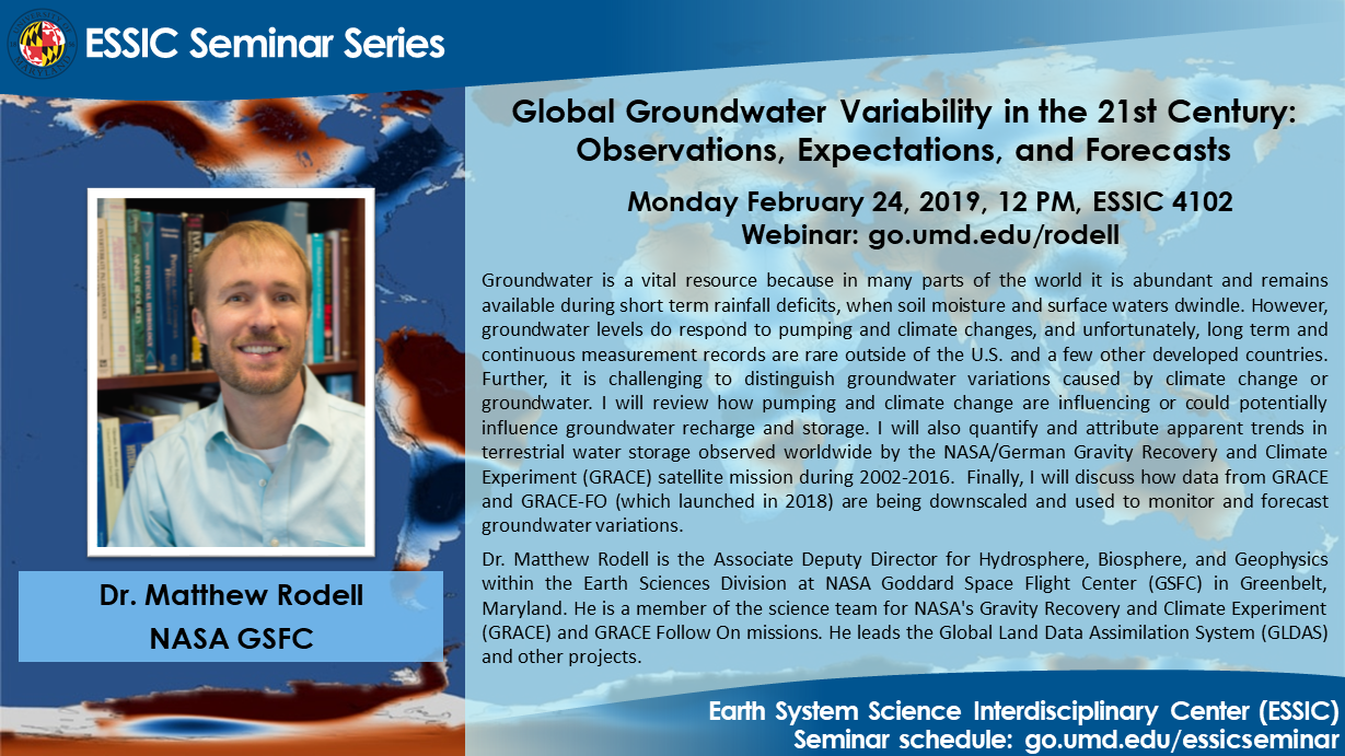 The seminar flyer of Dr. Matthew Rodell. All text is on the site
