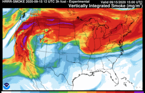Smoke forecast for today from the HRRR model shows it widespread across the western and northern United States. (NOAA)