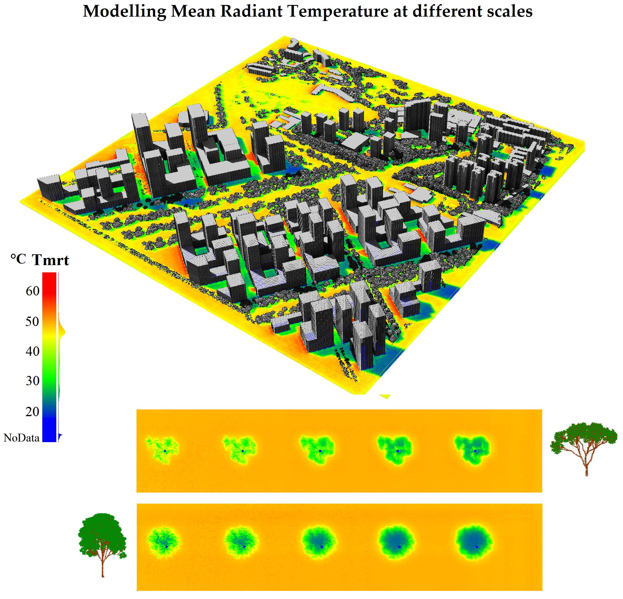 Graphic abstract that demonstrates the modeling mean radiant temperature at different scales