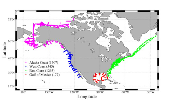Figure. A map showing all the sampling profiles of the CODAP-NA data product. Numbers within the parentheses indicate the total number of profiles in each region.