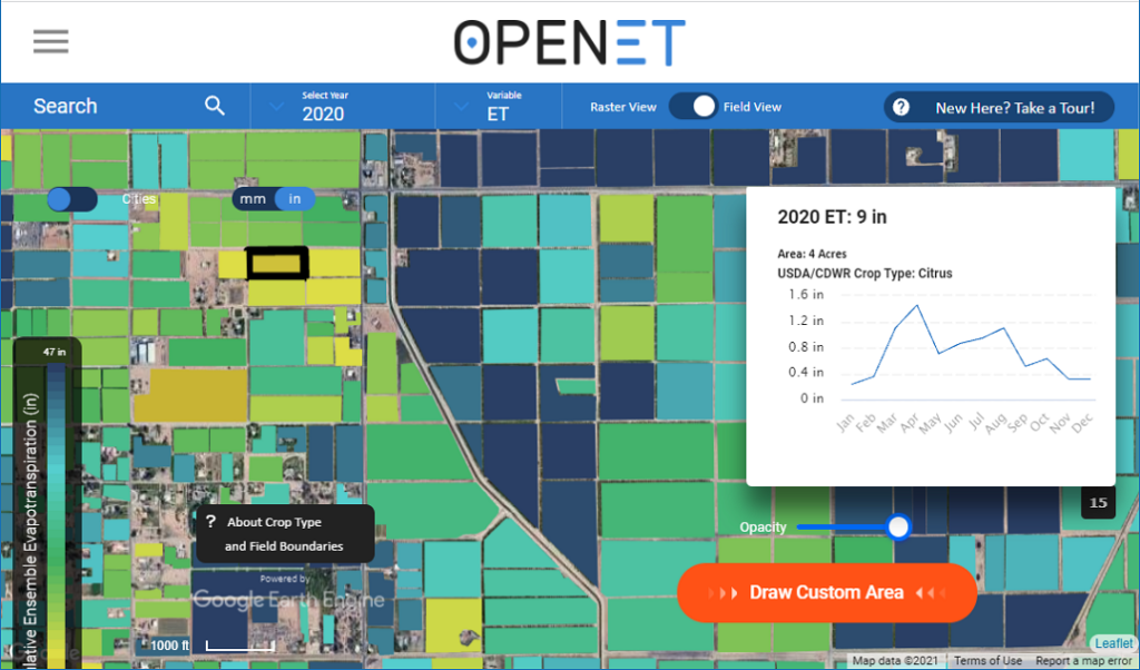 A screenshot of OpenET, a new online platform that uses satellites to estimate water consumed by crops and other plants, launched today, making critical data for water management widely available in 17 western states for the first time amid record drought.