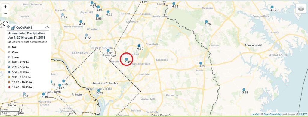 A screenshot of the CoCoRaHS Mapping System, focused on the College Park surrounding area, with the Hyattsville station circled