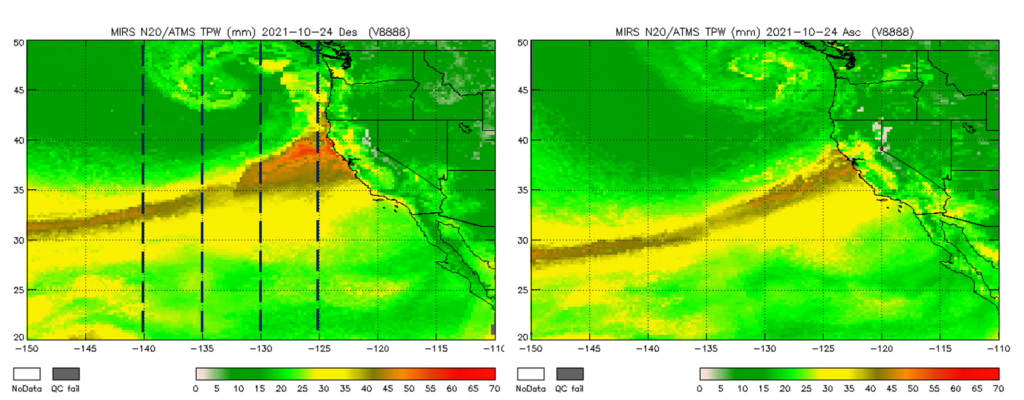 Figure 1. MiRS NOAA-20/ATMS retrieved TPW (descending and ascending orbits) on 24 October 2021 over the eastern Pacific and West Coast region. The atmospheric river is clearly seen. Locations of the four vertical cross-sections shown in Figure 2 are indicated by the dashed lines.