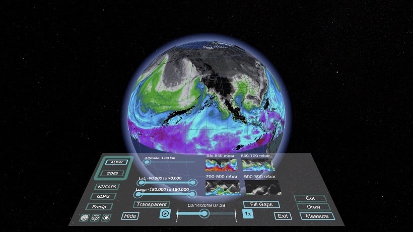 Figure. The ALPW Scene main control panel and 3D Earth with ALPW data visualized