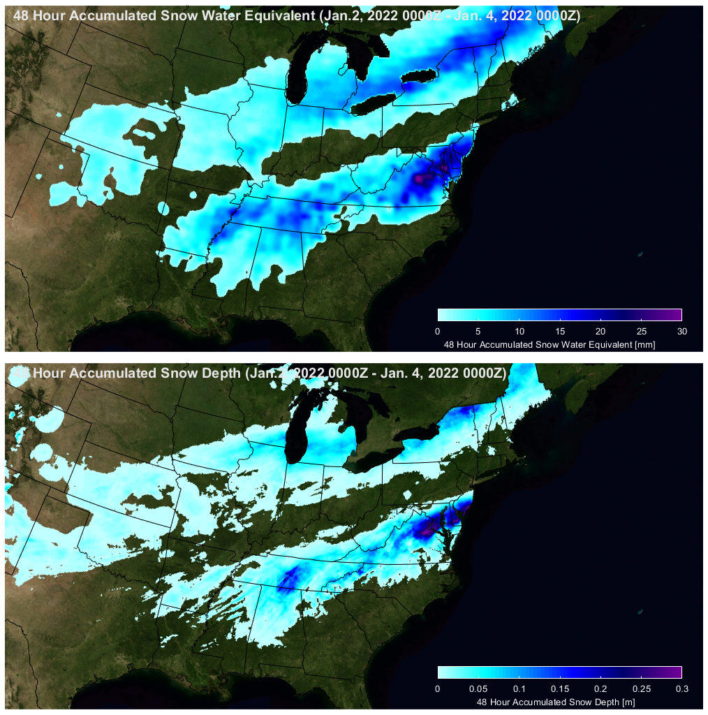 Figure 2. 48-hour snowfall accumulation ending Jan. 4, 2022 00 UTC, (upper) SFR, (lower) NWS SNODAS snowfall analysis.