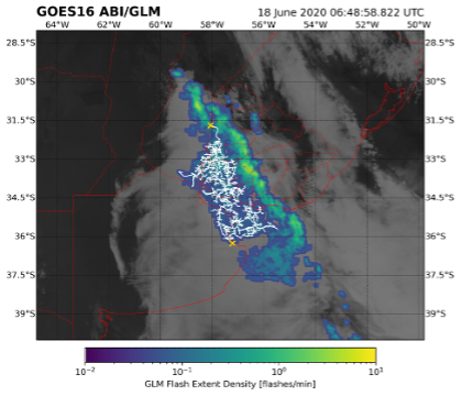 Satellite image of record duration of lightning flash over Uruguay and Argentina on June 18, 2020, with a 17.102-second duration. The horizontal structure (white line segments) and maximum extent (gold X symbols) of this megaflash are overlaid.
