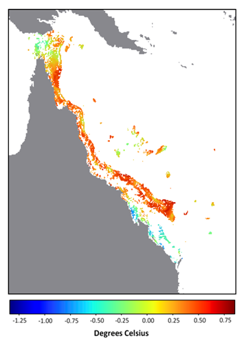 Figure 1. Map of the Great Barrier Reef 5km-resolution satellite pixels, denoting the difference between the background sea surface temperature (SST) for December 14, 2021 (i.e., the minimum SST observed over the previous 29 days, November 16-December 14) and the all-time (1985-2020) maximum SST between November 16 and December 14. Values indicate the difference in degrees Celsius; positive values and warm colors indicate coral reef pixels in which the 2021 background temperature is higher than the all-time maximum.
