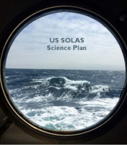 Page 1 of the SOLAS report; an image of a porthole looking towards an ocean is the background, with "US SOLAS Science Plan" appearing in front of it.