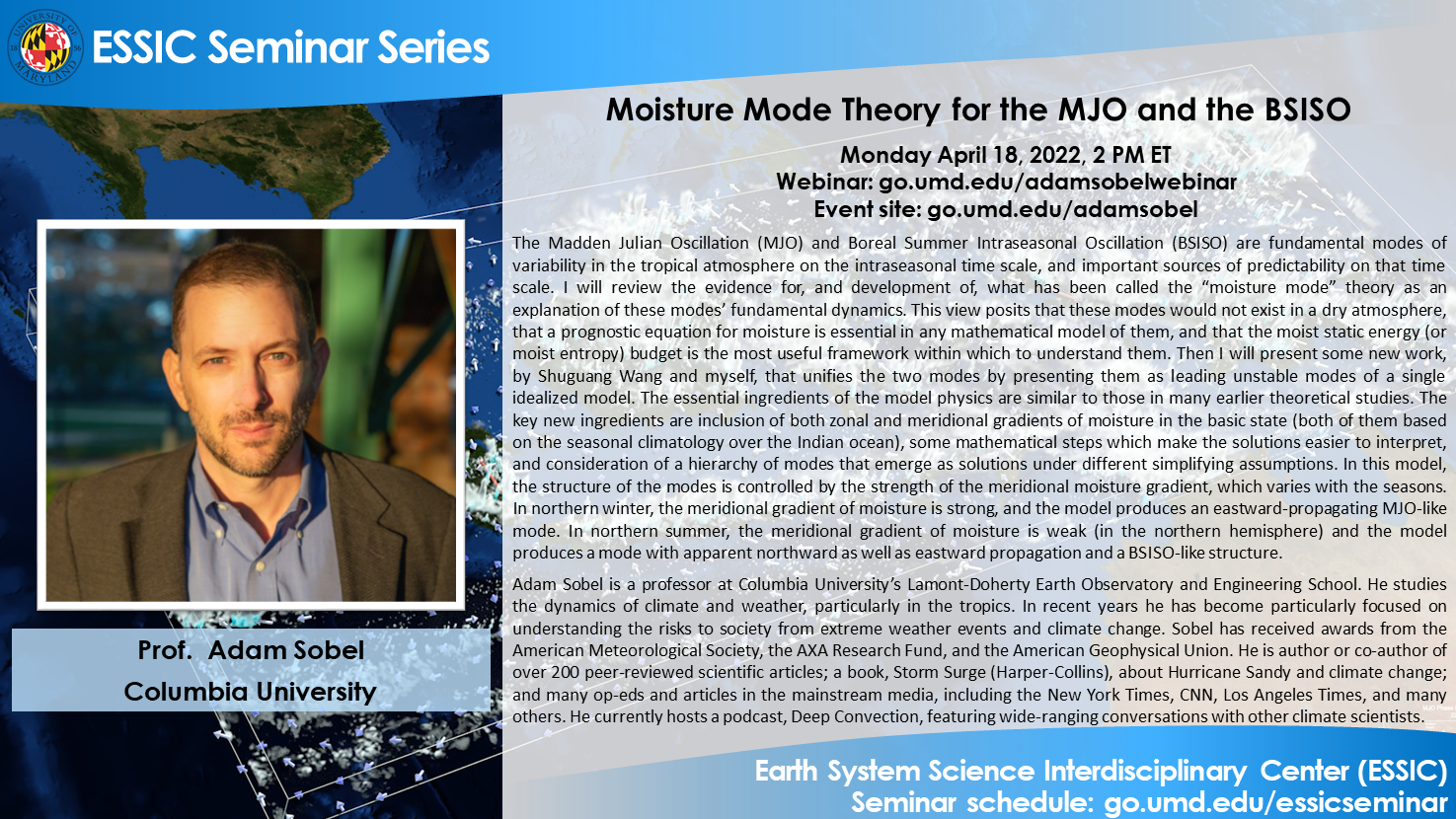 The seminar flyer for Professor Adam Sobel