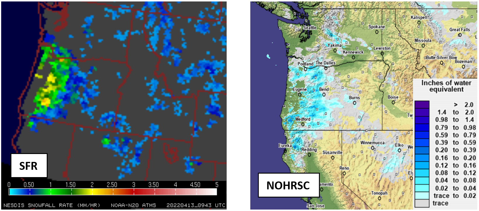 Figures 1 and 2: Snowfall rate from Pacific Northwest snowstorm on April 13, 2022, (left) NOAA-20 SFR, (right) NOHRSC