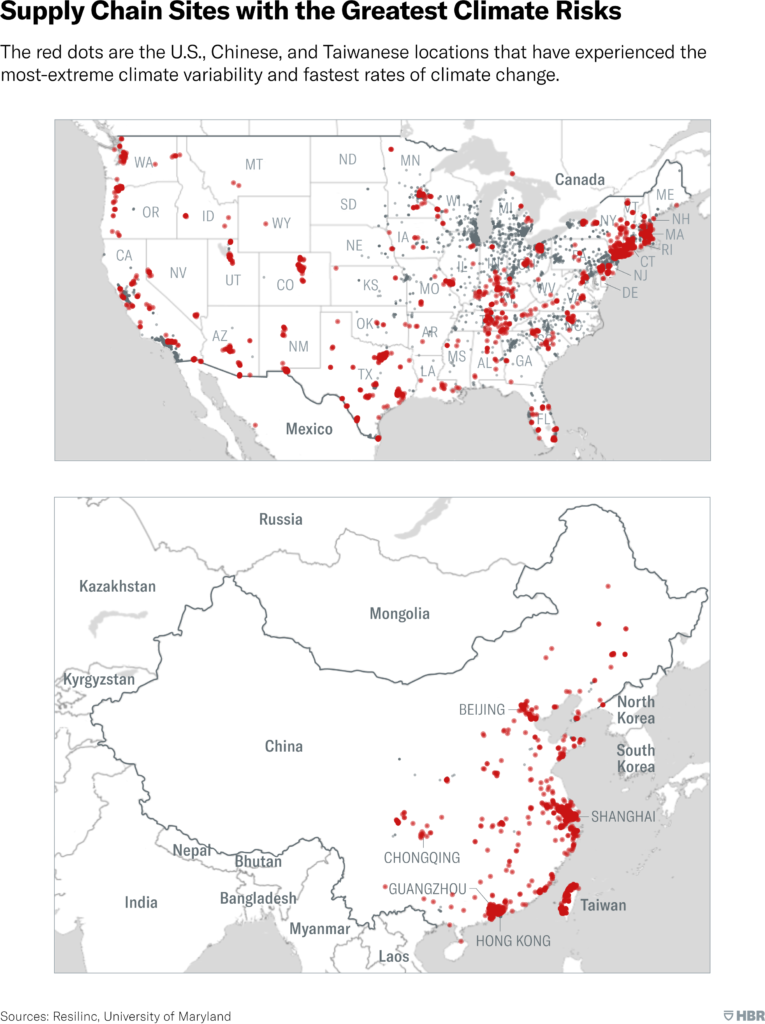 The red dots are the U.S., Chinese, and Taiwanese locations that have experienced the most-extreme climate variability and fastest rates of climate change.