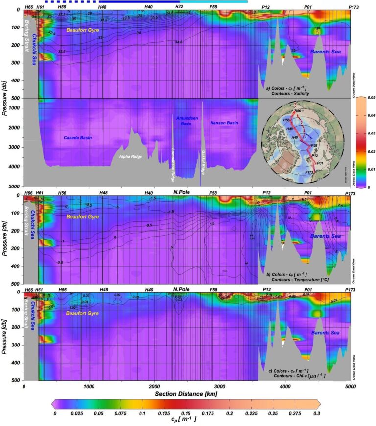 Sections of beam attenuation (cp) from the Bering Strait via North Pole to Norway with contours of (a) salinity, (b) seawater temperature, °C, and (c) fluorescence-based Chl-a, μg 1 −1. Blue lines above the sections schematically represent the sea surface ice condition: dashed line indicates the area along which ice cover increased from 20% to 80%, bold blue line represents area covered by >80% ice, light-blue line indicates ice-covered area, no line represents relatively ice-free areas. The cruise map in the top panel indicates the stations along orange lines used in this section.