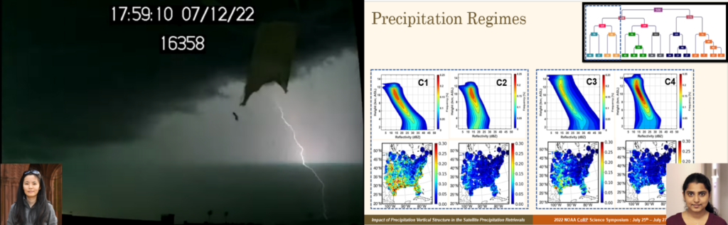 Figure: Snapshot of (Left panel) Dr. Zhang’s lightning observation video; (Right panel) Dr. Arulraj’s research results presented at the 2022 NOAA CoRP Science Symposium.