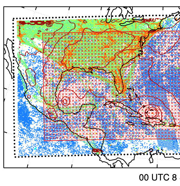 Figure: The dotted line indicates model domain boundaries used for this study, which are plotted alongside (solid black lines) land boundaries. For reference, (red lines) contours of modeled surface pressure are plotted every 5 hPa along with locations of measurements at a single time (00 UTC8 September 2017). The red hatched region indicates the domain over which verifications were performed.