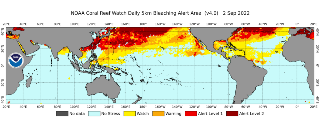 Caption: Example experimental v4.0 daily global 5km satellite Bleaching Alert Area product map from September 2, 2022.