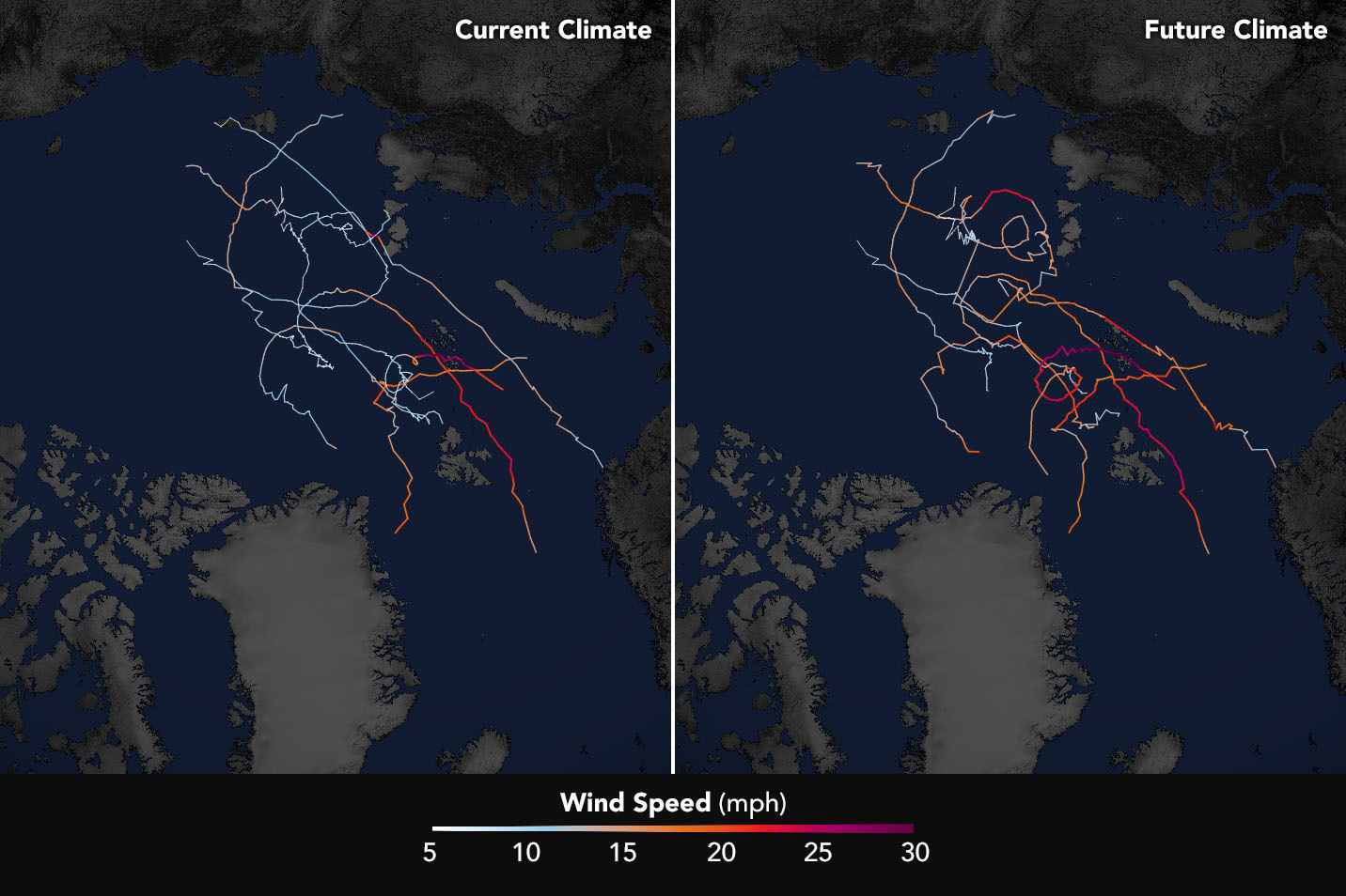 The maps above show simulated storm tracks and wind speeds of nine Arctic cyclones. The left image represents simulated storm tracks as they hit the Arctic in the past decade. The right image shows how the cyclones are projected to respond to climate change by the end of the century. Credits: NASA Earth Observatory/Joshua Stevens, using data from Parker, C.L. et al.