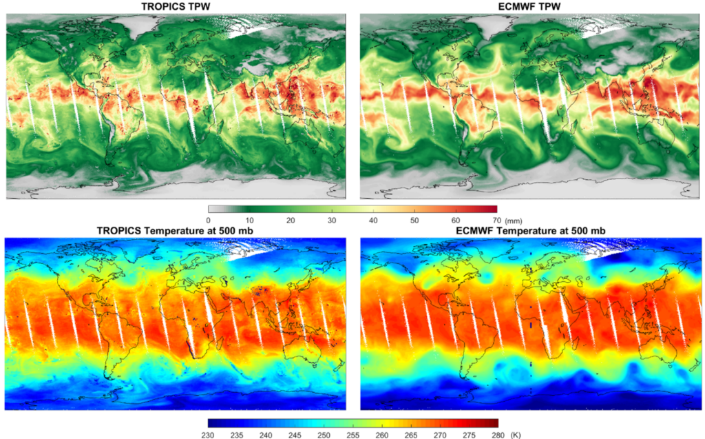 Fig 1. The retrieved total precipitable water (TPW) and temperature (500 mb) from TROPICs are in good agreement with ECMWF analysis.