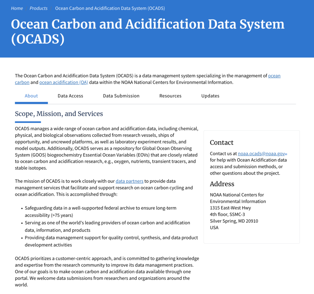 A screenshot of the new data management tool used to manage ocean carbon and ocean acidification data