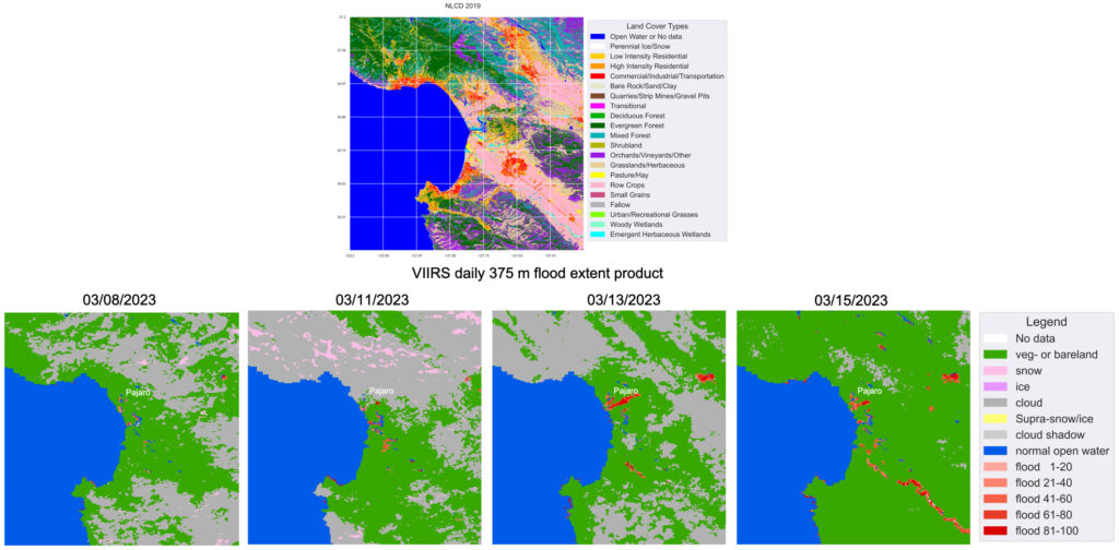 Figure 1. Using VIIRS daily 375 m flood extent products on 3/8/2023, 3/11/2023, 3/13/2023 and 3/15/2023 to monitor flooding in California. Top figure shows the NLCD map in 2019 for an example area. Bottom figures are VIIRS daily products.