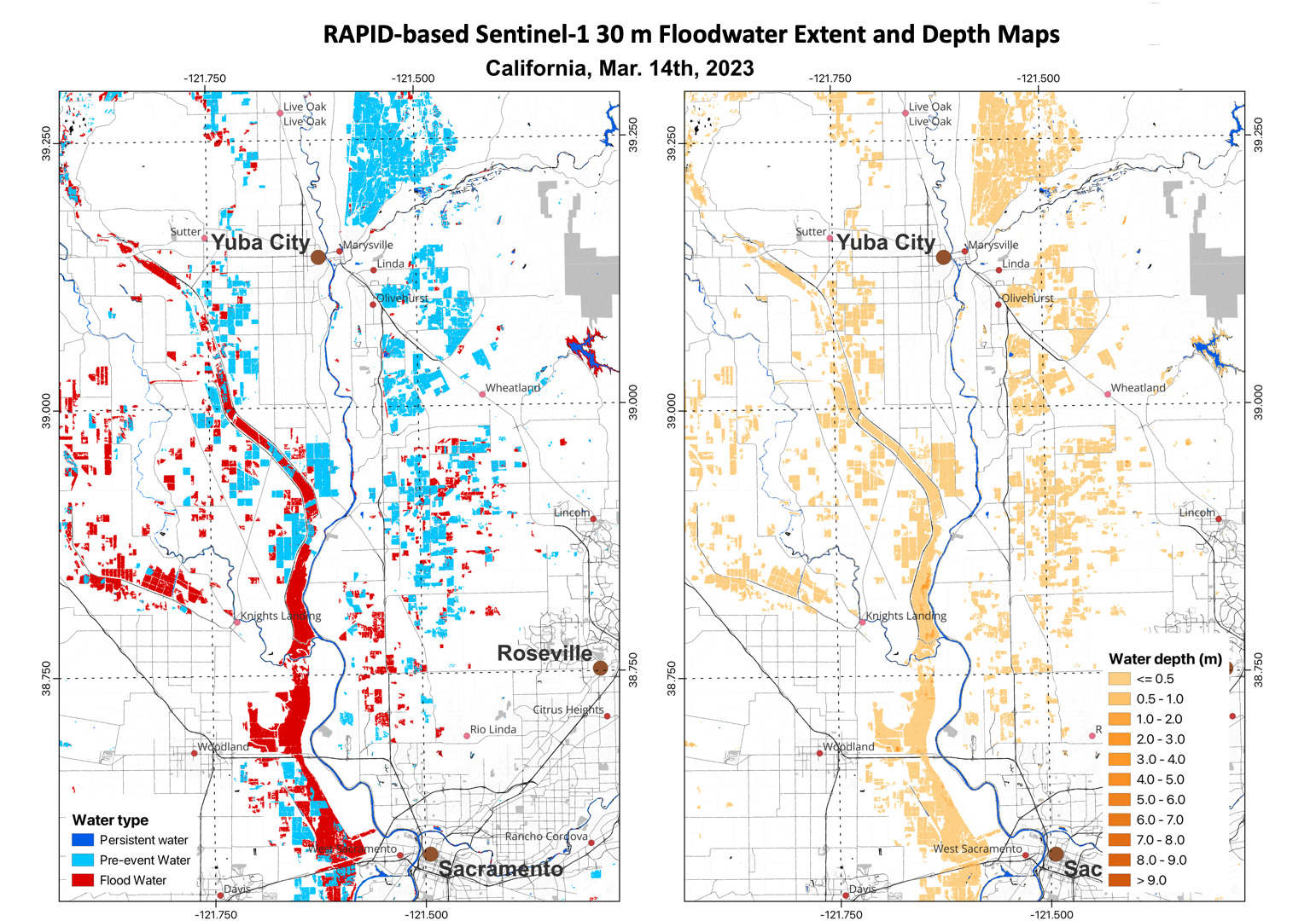 Figure 2. The RAPID-based Sentinel-1 30 m floodwater extent and depth maps for an area in California on 03/14/2023.