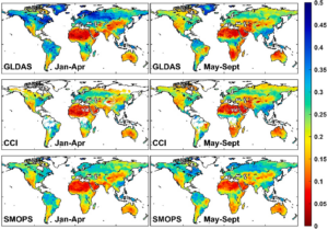 Caption: Season-averaged soil moisture (m3/m3) for GLDAS, CCI and SMOPS over the 2015- 2018 period with left and right columns for cold (January-April) and warm season (May- September), respectively.